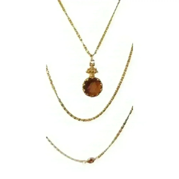 Vintage Goldette 3 Strand Cameo Necklace Amber Crystal Glass Intaglio 1950s - Picture 12 of 16